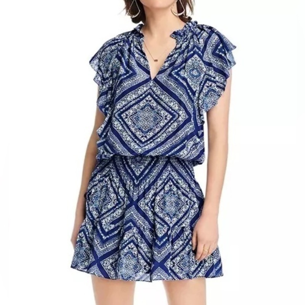LINI Blue Stacey Printed Flutter-Sleeve Mini Tiered Fit & Flare Dress Sz. S